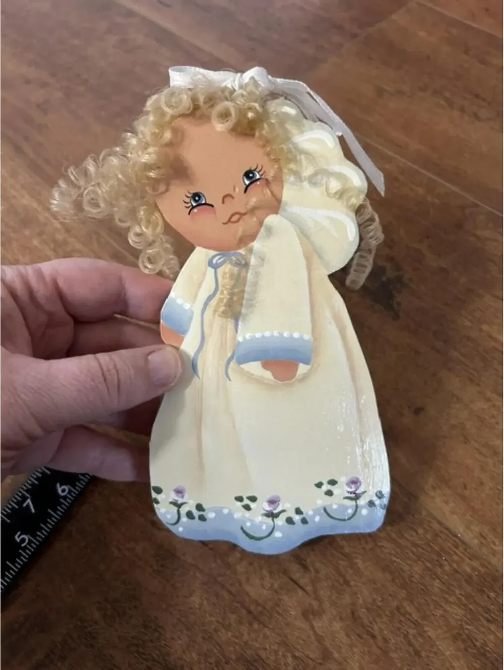 Hand Painted Wooden Angel Figurine with Curly Hair